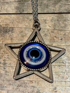 Star-Shaped Evil Eye Pendant Necklace With Adjustable Chain Silver-Tone & Blue